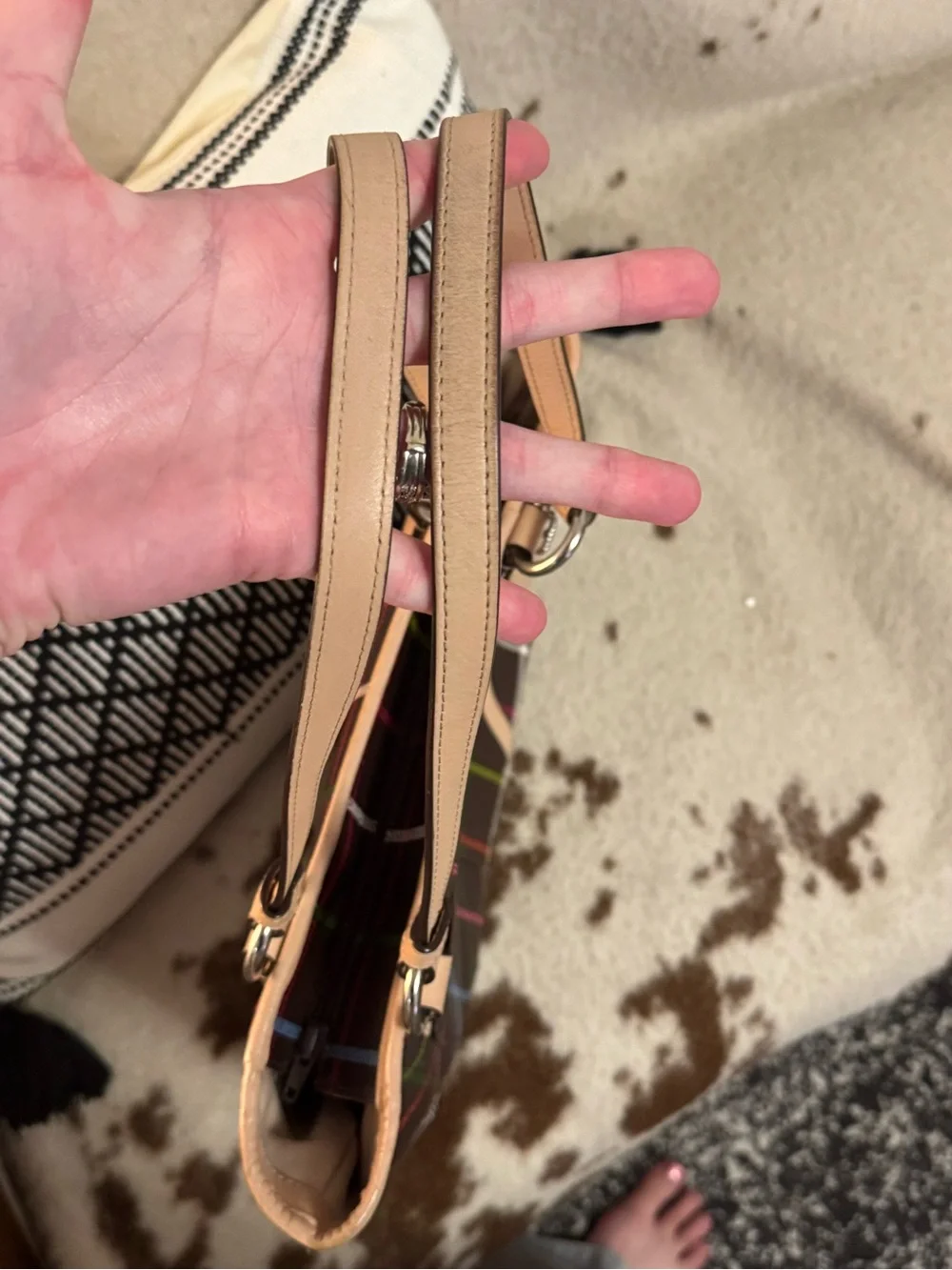Coach Brown Plaid Tote with Multicolor Stripe Accents and Tan Leather Trim